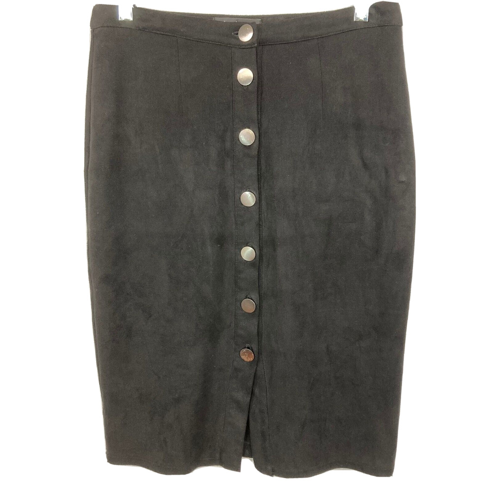 Lulus Skirt Womens Sz M Black Vegan Suede Stretch‎ Button Straight Pencil